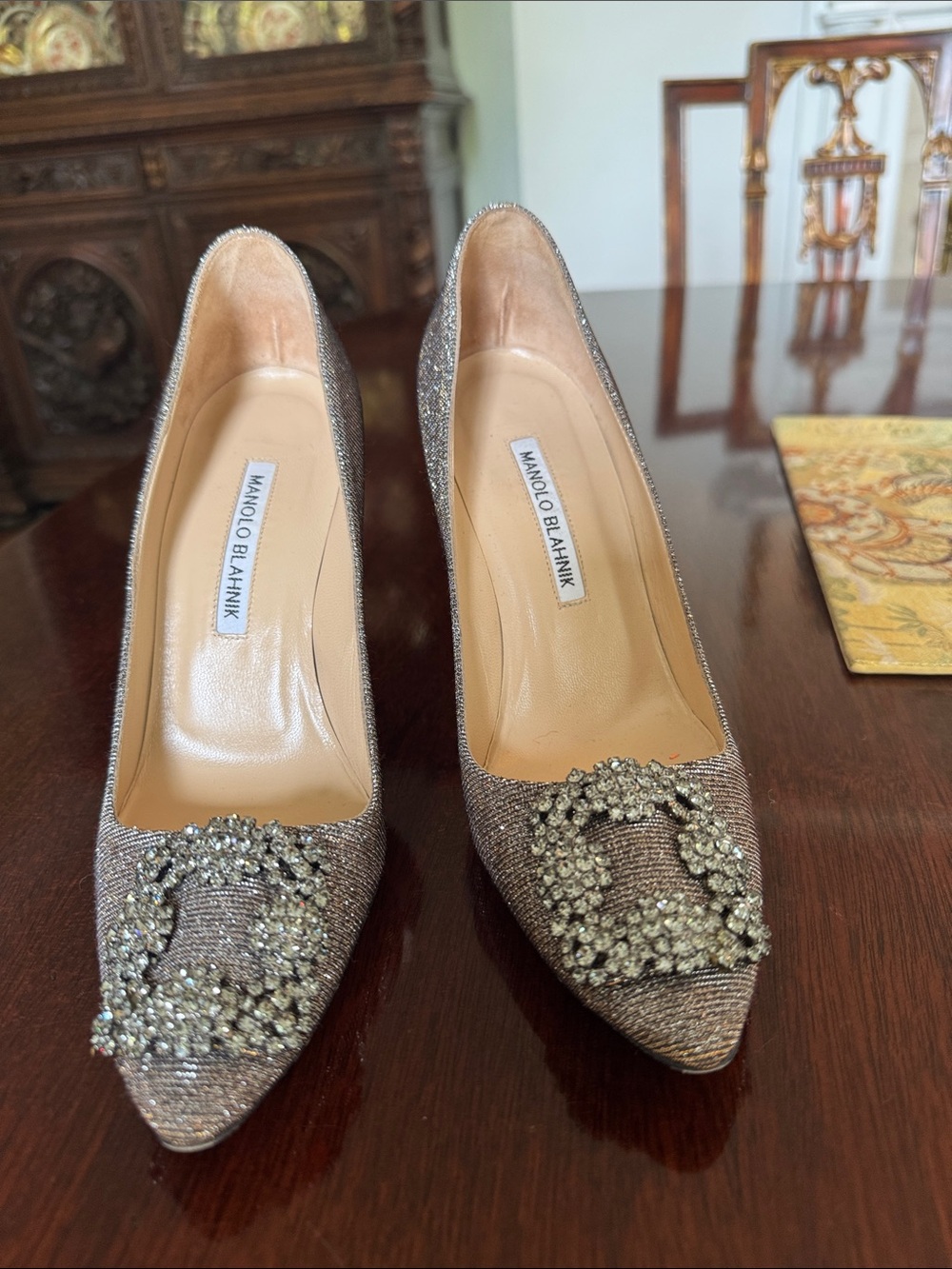 Manolo Blahnik Hangisi Silver Embellished Women's Pumps 37 - Picture 2 of 13